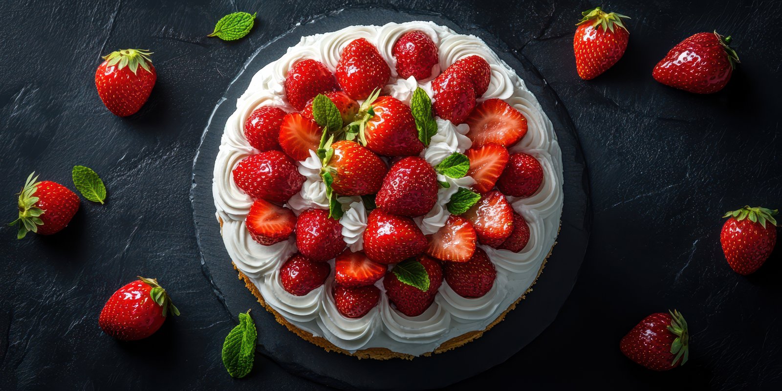 Strawberry cake topped with fresh fruit and mint leaves on a dark stone surface